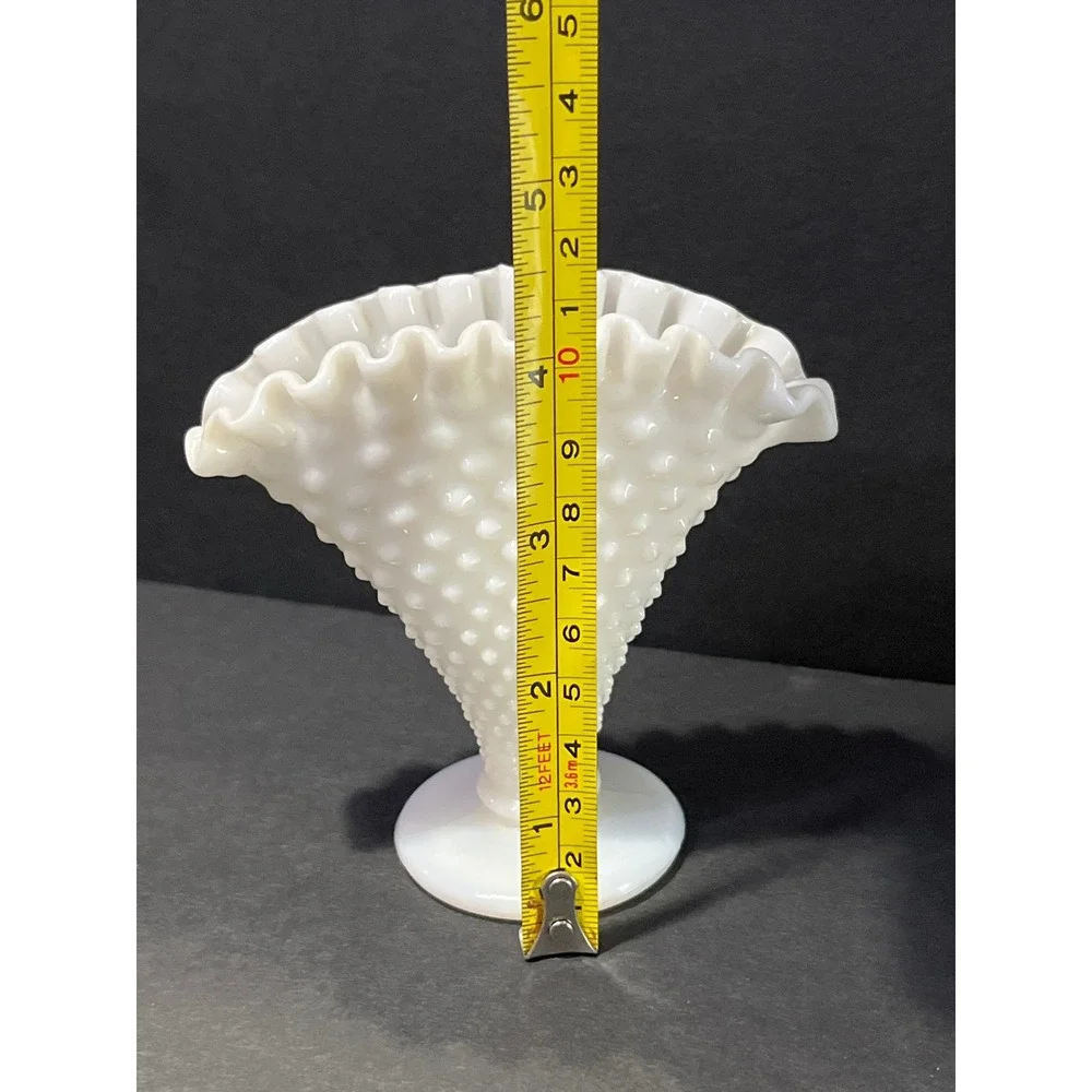 Fenton Milk Glass Hobnail Fan Vase White Ruffled Edge Vintage Mid Century Decor